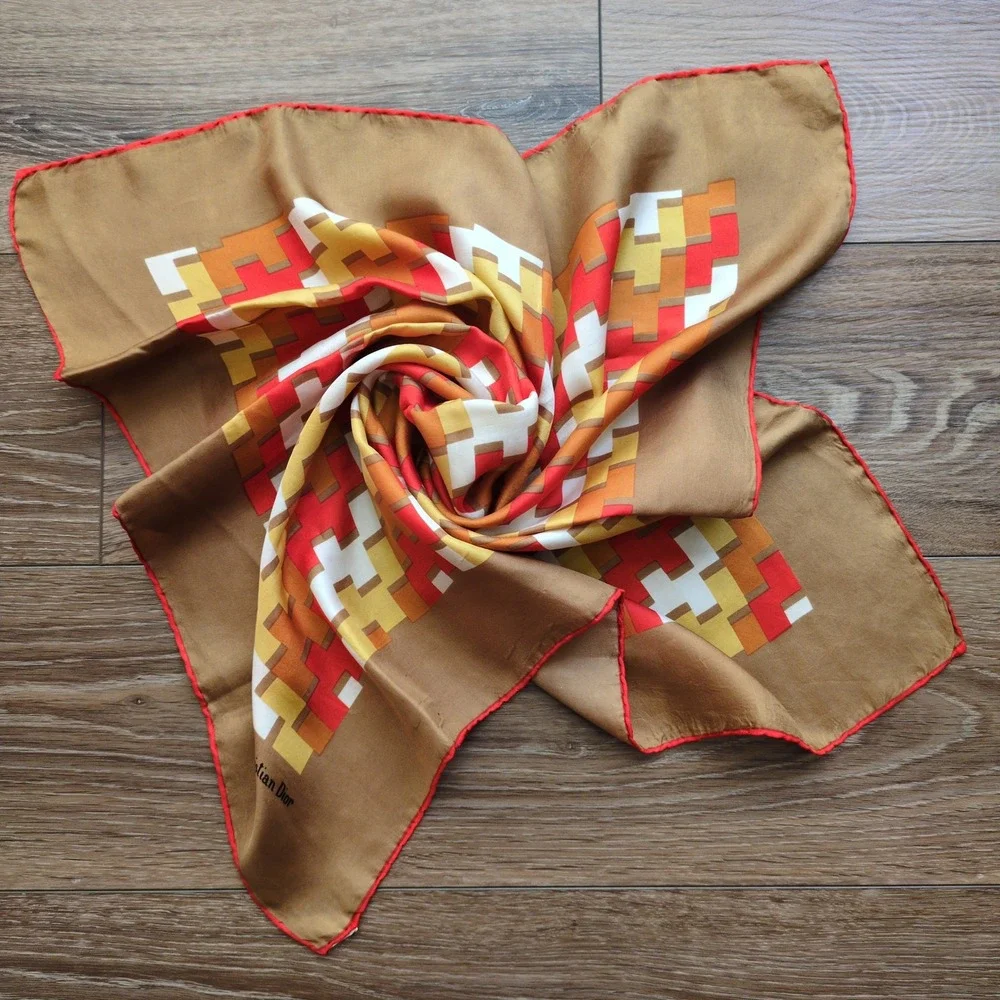Vtg Christian Dior Silk Scarf Brown Red Geometric Brick Logo Italy Made 26in